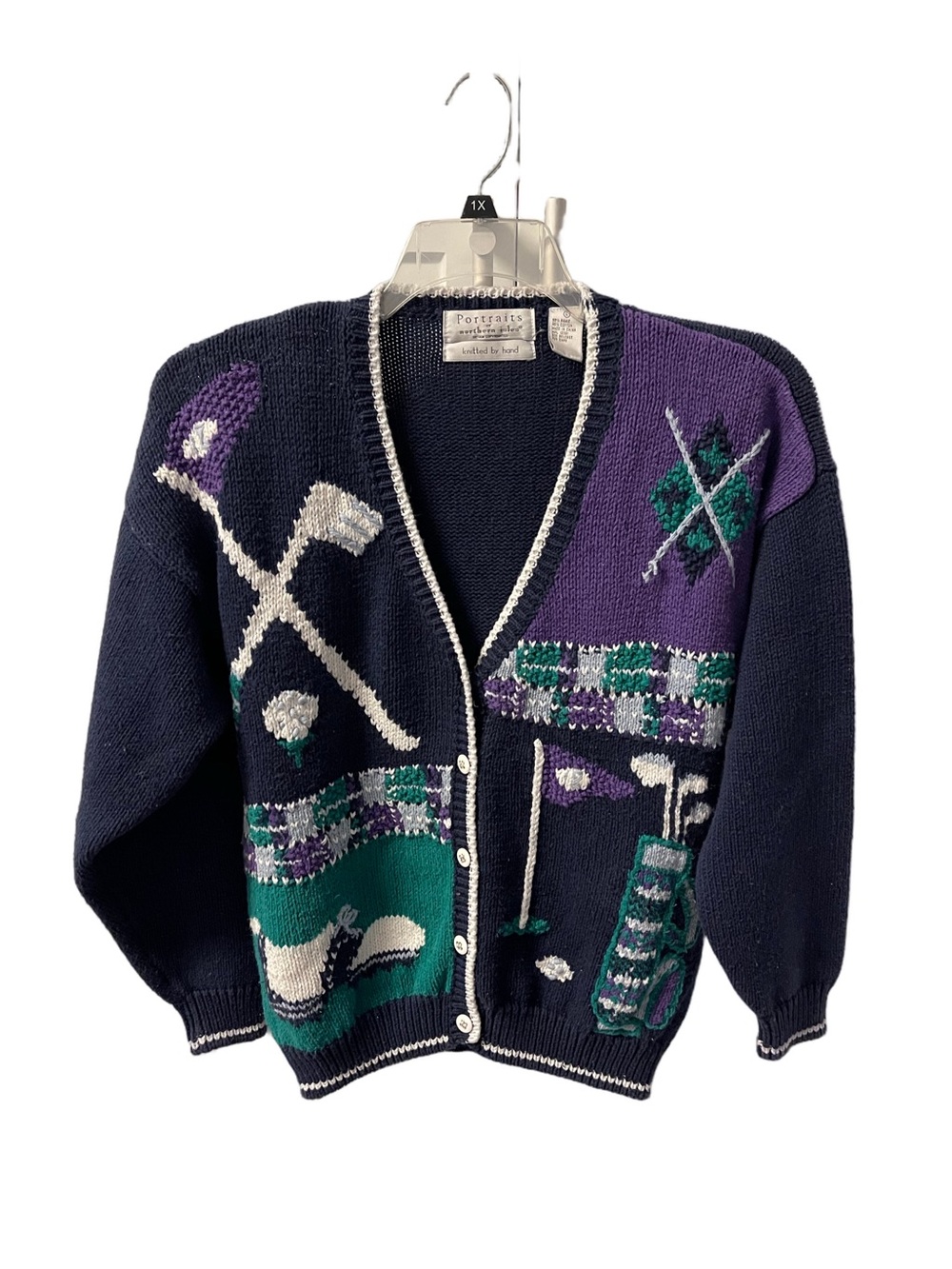 Portraits Northern Isle Hand Knit Navy/Purple Golf Motif Cardigan Sweater Sz L